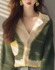 V-neck Knitted Long Sleeves Cardigan Green Sweater
