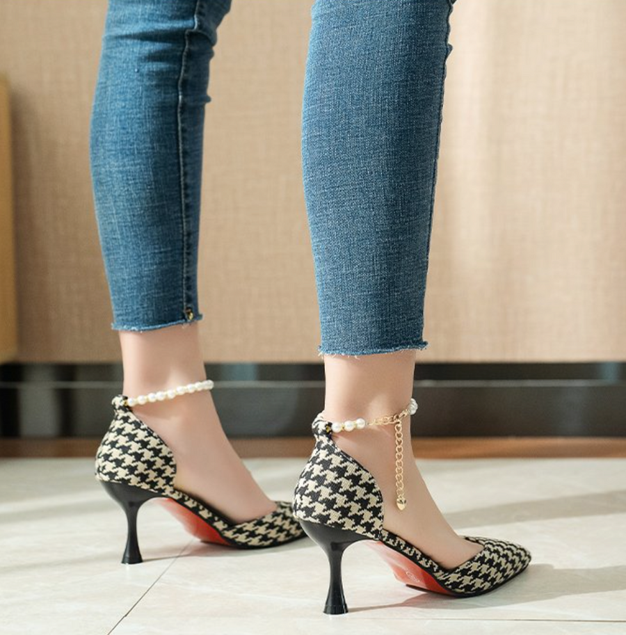 Pearl Straps Plaid Pointy Heels