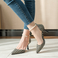 Pearl Straps Plaid Pointy Heels