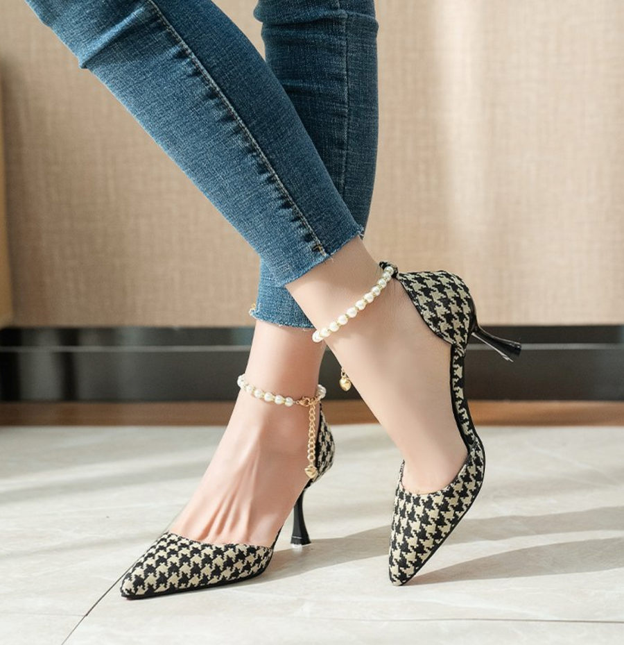 Pearl Straps Plaid Pointy Heels