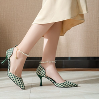 Pearl Straps Plaid Pointy Heels