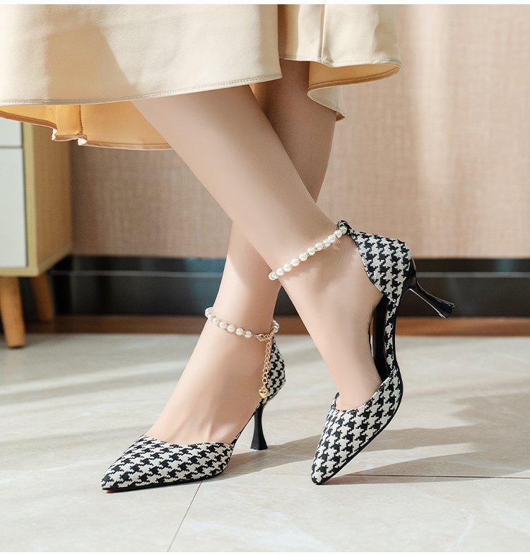 Pearl Straps Plaid Pointy Heels