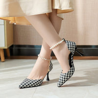 Pearl Straps Plaid Pointy Heels