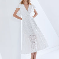 Dinner Out White Lace Midi Dress