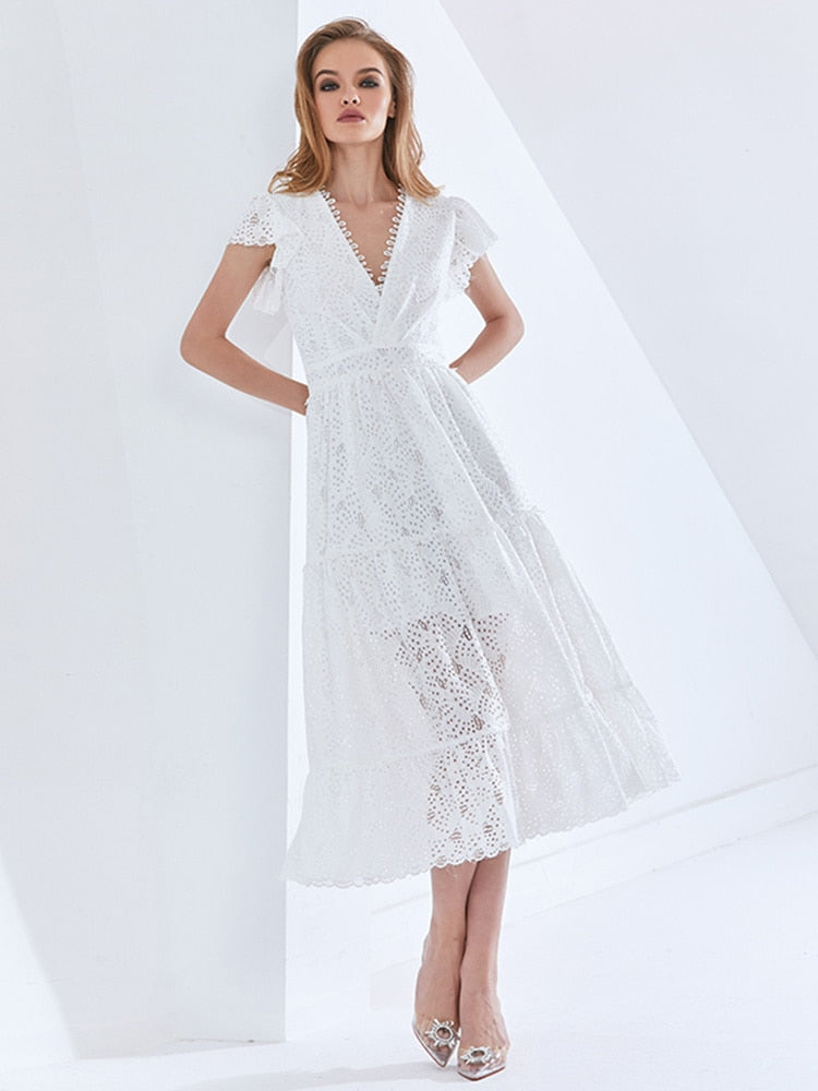 Dinner Out White Lace Midi Dress