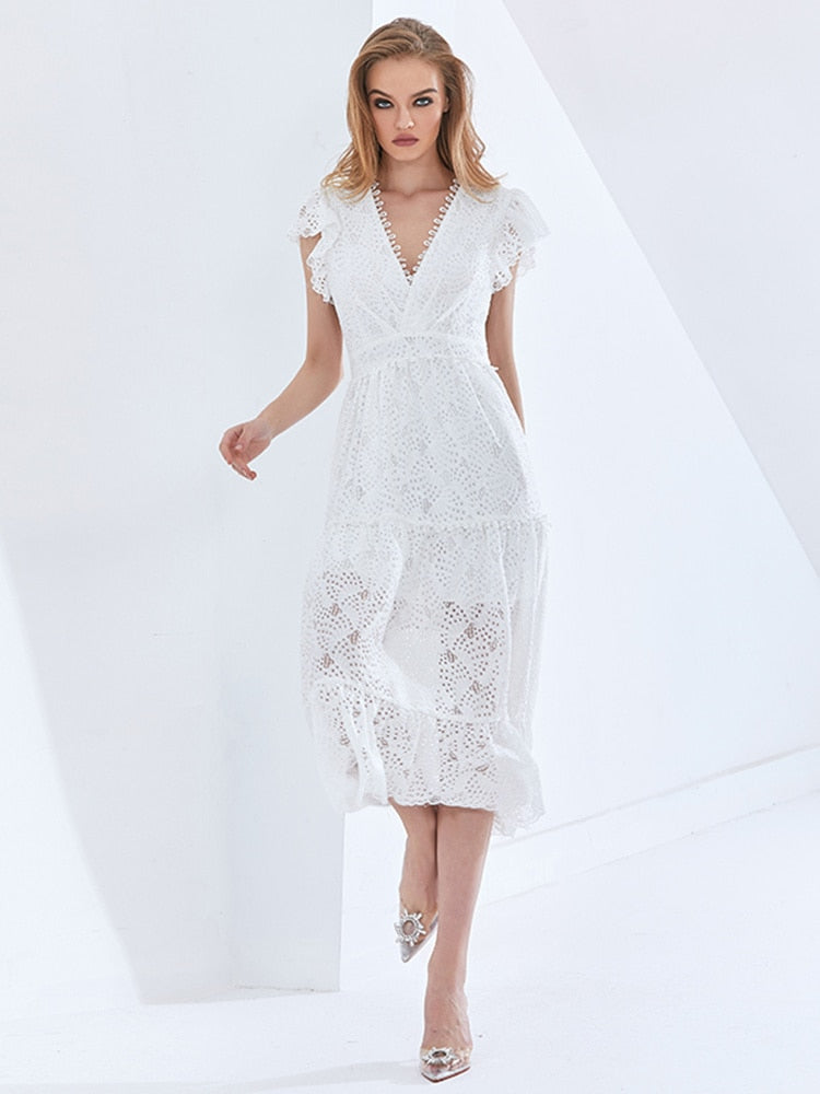 Dinner Out White Lace Midi Dress