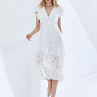 Dinner Out White Lace Midi Dress