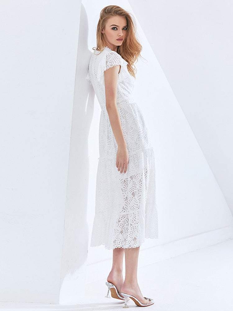 Dinner Out White Lace Midi Dress