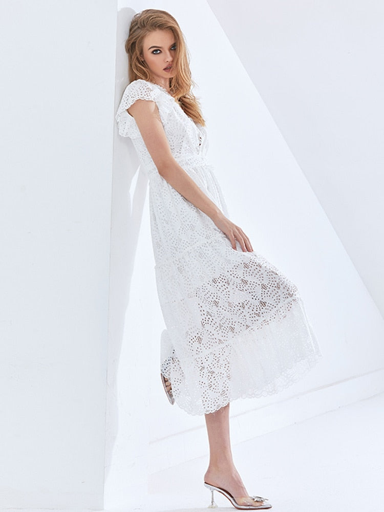 Dinner Out White Lace Midi Dress