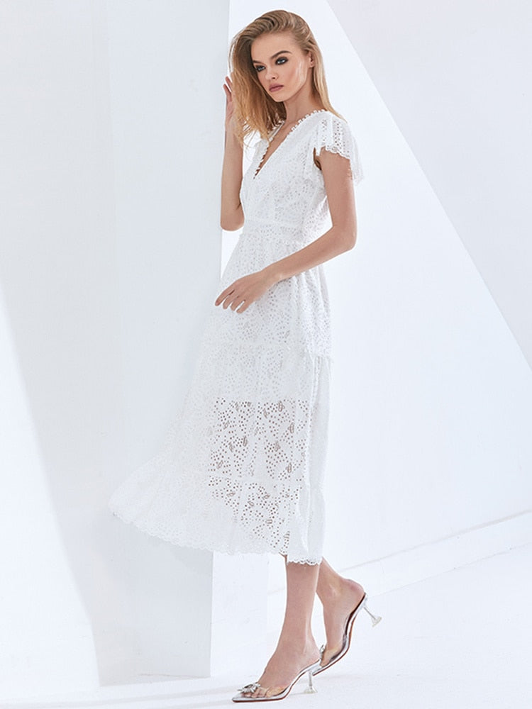 Dinner Out White Lace Midi Dress